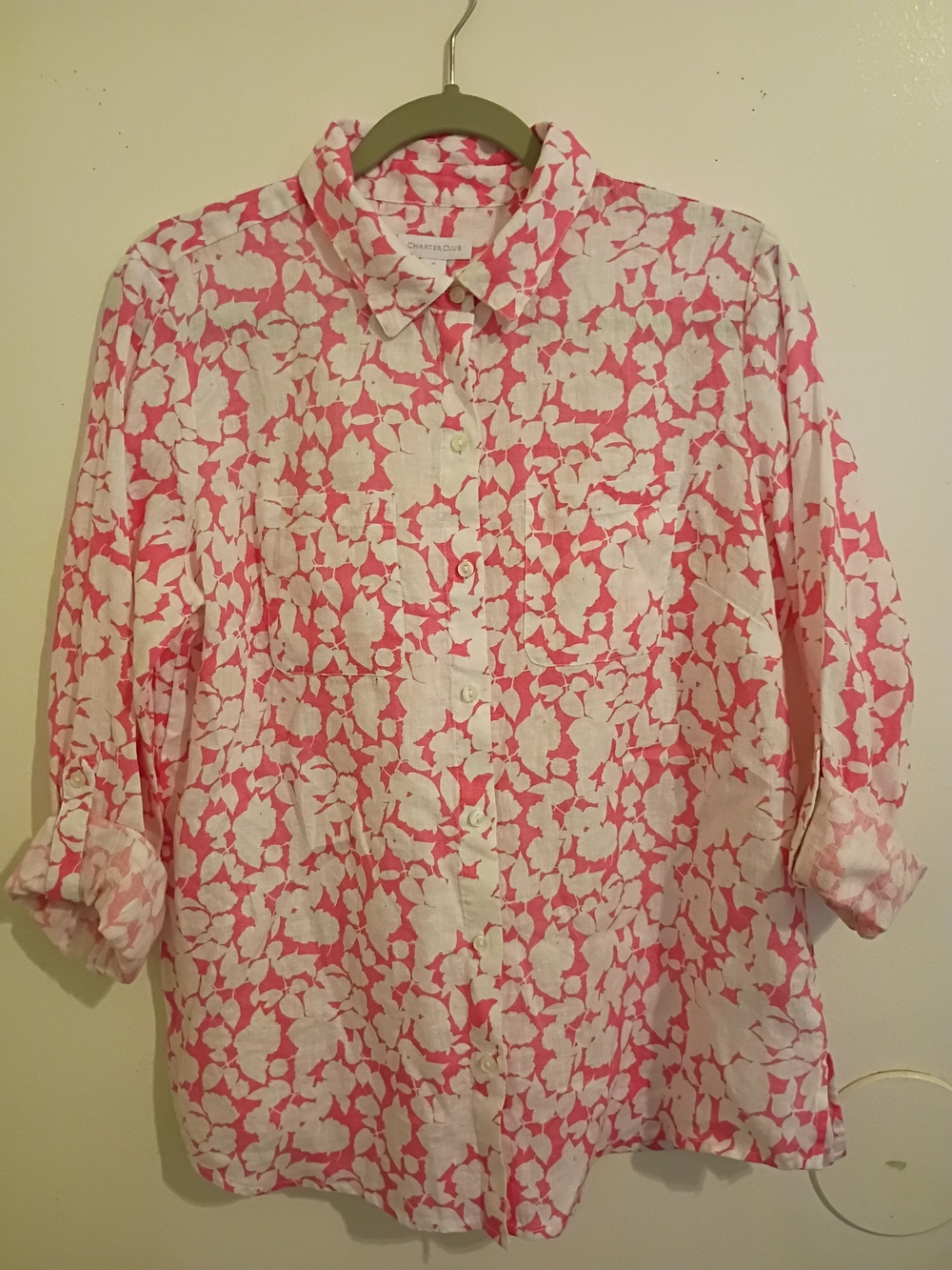 Charter Club Women's Pink and White Floral Button-Up Shirt Linen Sz M
